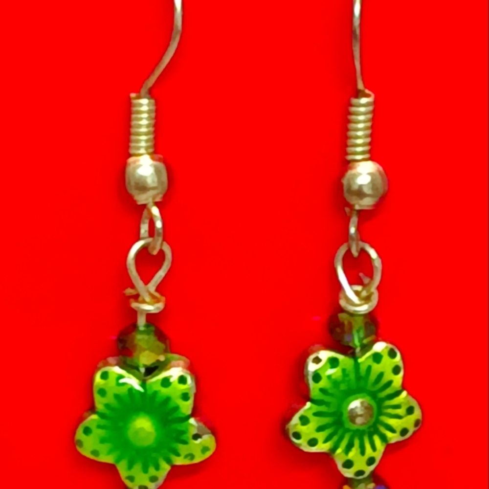Green ceramic daisy flower in sterling silver handmade dangling earrings